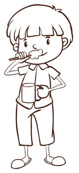 Illustration of a plain sketch of a boy brushing his teeth on a white background