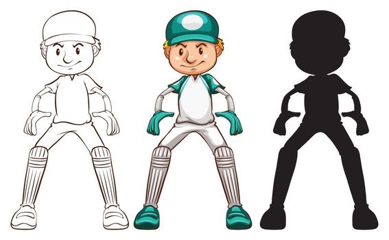 Illustration of the sketches of a cricket player in different colours on a white background