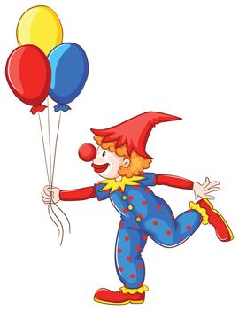 A coloured drawing of a clown with balloons on a white background