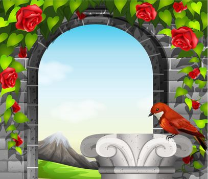 A stonewall with roses and a bird