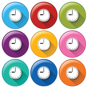 Illustration of the round icons with clocks on a white background