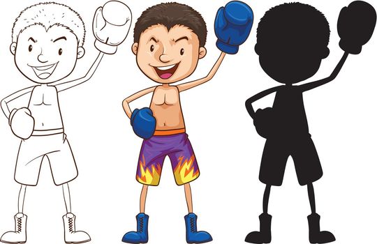 Illustration of the sketches of a boxer in different colors ton a white background