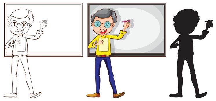 Illustration of the sketch of a teacher in three different colors on a white background