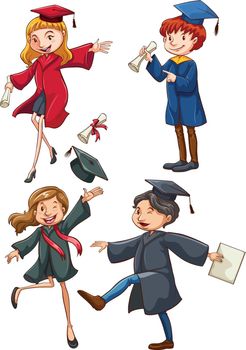 Illustration of a simple coloured sketch of the graduates on a white background