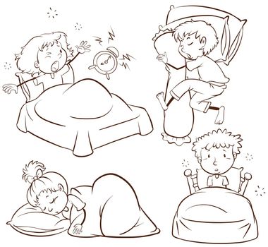 Plain sketches of the kids sleeping and waking up on a white background