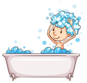 Illustration of a young boy taking a bath on a white background