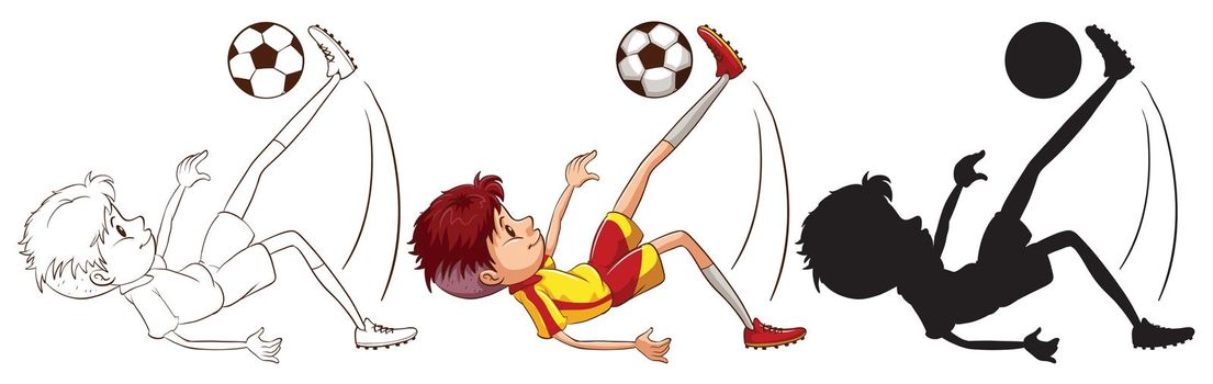 Illustration of different drawing of a boy playing football