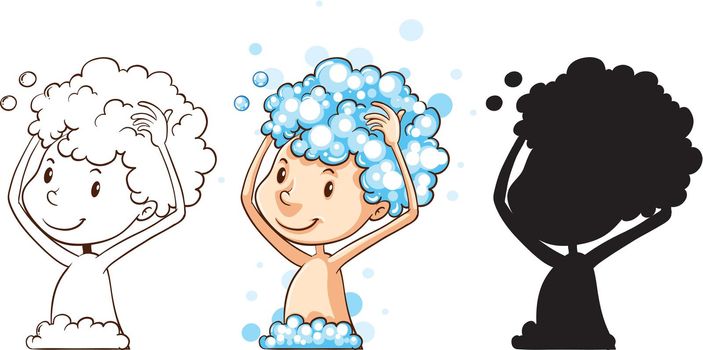 Illustration of different drawing of a kid washing hair