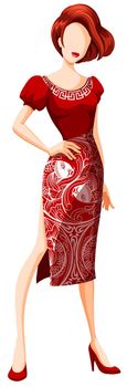 Sketch of a woman in chinese pattern printed red dress
