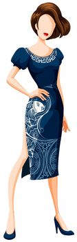 Sketch of a female in printed blue dress