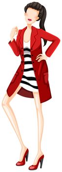 Sketch of a woman in black and white dress and red overcoat