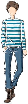 Sketch of a man in blue stripes t-shirt and pants