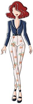 Sketch of a woman in long sleeves blue top and white pants with flower design