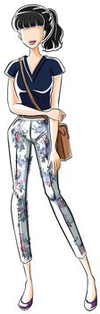 Sketch of a woman in blue top and flower pattern pants