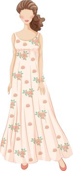 Female model in white dress with roses pattern