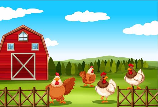 Poster of a barn with chickens behind the fence