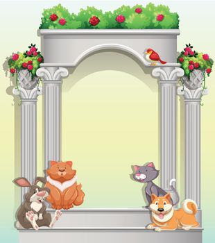 Entrance decoration with flowers and sitting animals