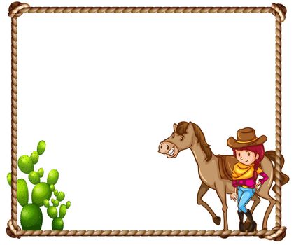 Frame of cowgirl with a horse and cactus plant
