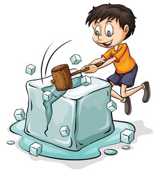 Boy breaking the big icecube on a white background