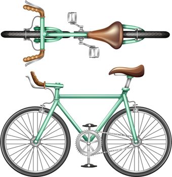 A top and side view of a green bike on a white background