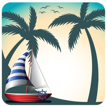 Sailing boat with coconut trees and birds on the background