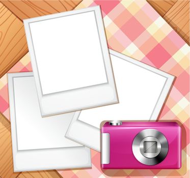 Pink camera and three blank photo frames