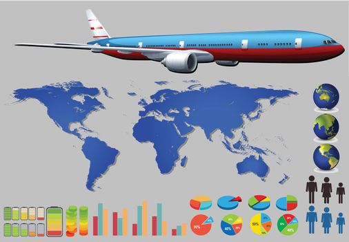 Infographic design of graphs and airplane
