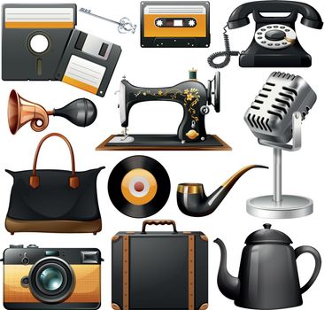 Retro items in black color on a white background