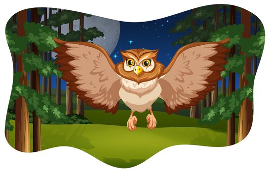 Cute owl flying in the jungle at night