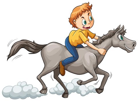 A boy riding a horse on a white background