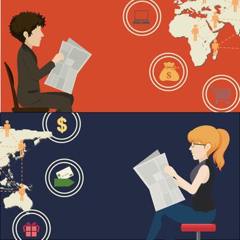Inforgraphic with man and woman reading newspaper