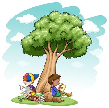 Two boys sitting under a tree reading
