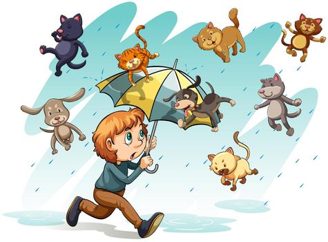 An idiom showing a rain with cats and dogs on a white background
