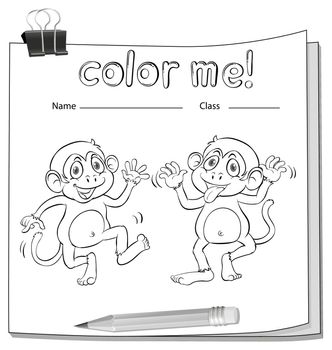 A worksheet showing two playful monkeys on a white background
