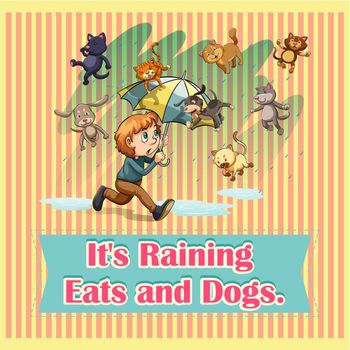Raining cats and dogs illustration