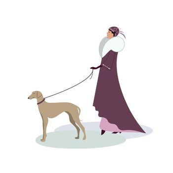 Vintage woman with a dog, vector illustration. Isolated on white. 