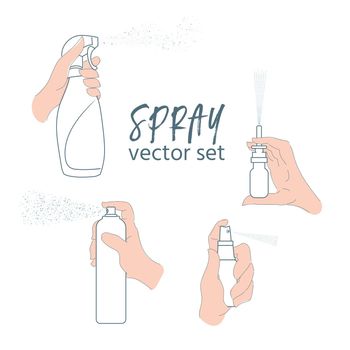 Vector set of spray in his hand. Cleaning spray, medical spray, cosmetic spray. Isolated illustration of a hand with a bottle, spray, aerosol, and disinfection.