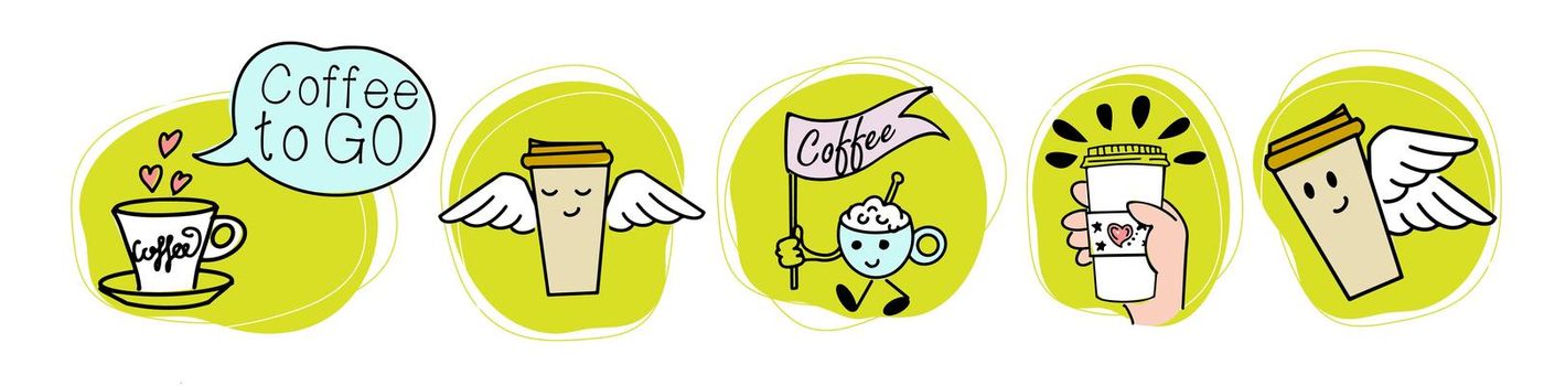 A set of pictures  coffee to go. Vector background of doodle icons.