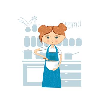 A woman in the kitchen is cooking. A young girl in an apron whips up baking dough. Cartoon vector character.