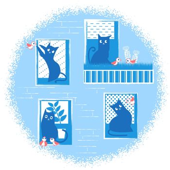 Vector cartoon image of cats in Windows on the facade of a building in blue color. Silhouette characters of Pets watching birds outside.