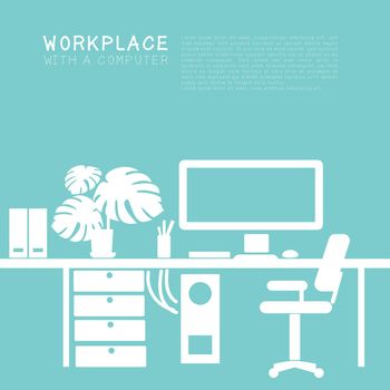 Computer Desk, workplace for office or freelancing, work at home. Simple vector silhouette.