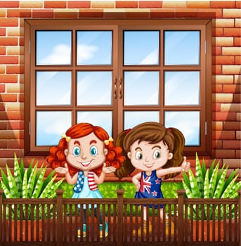 Little girls standing outside the house illustration