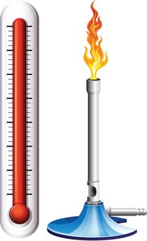 Thermometer and burnsen with flame illustration