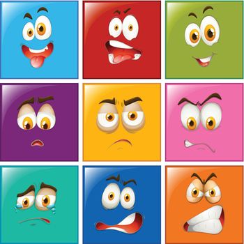Facial expressions on square badges illustration