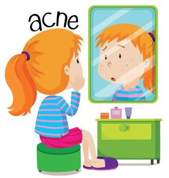 Girl looking at acnes in the mirror illustration