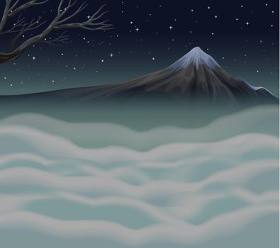 Nature scene with fog on the mountain peak illustration