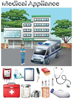 Medical appliance and hospital scene illustration