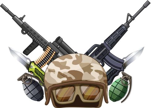 Many weapons and soldier helmet illustration