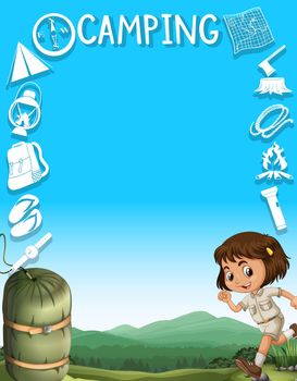 Border design with girl and camping tools illustration