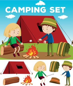 Boy and girl camping out illustration